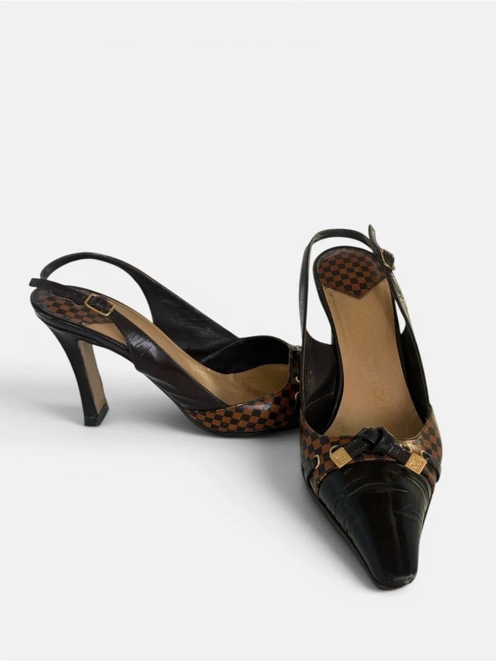 Louis Vuitton Black and Brown Checkered Slingback Heels